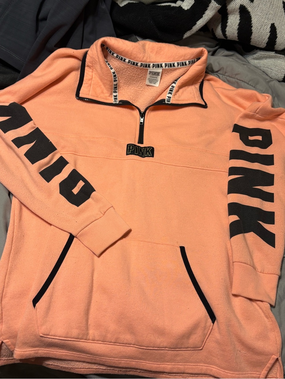 Victoria's Secret PINK Peach Half-Zip Pullover with Black Logo Trim